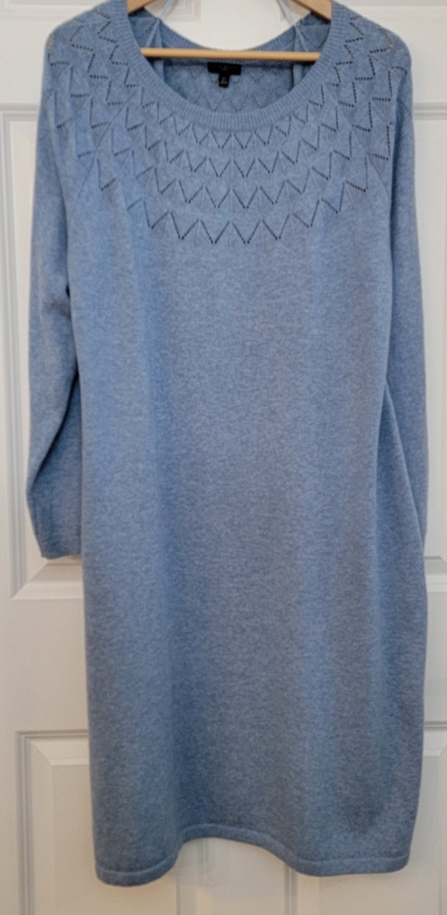 Talbots Plus 2X Sweater Dress Blue Cotton Blend Chevron Pointelle Knit Soft Cozy